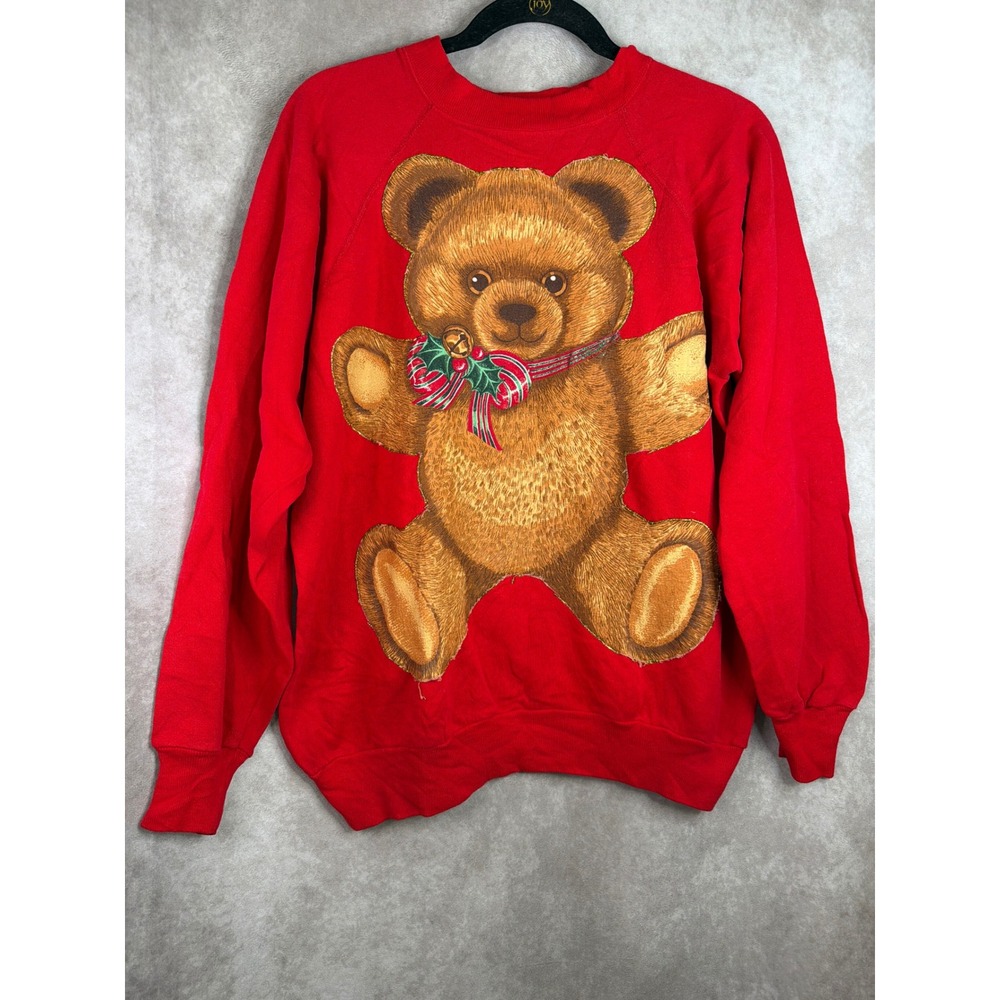 VTG 90s Teddy Bear Sweatshirt Women XL Red Christmas Holiday Graphic Applique